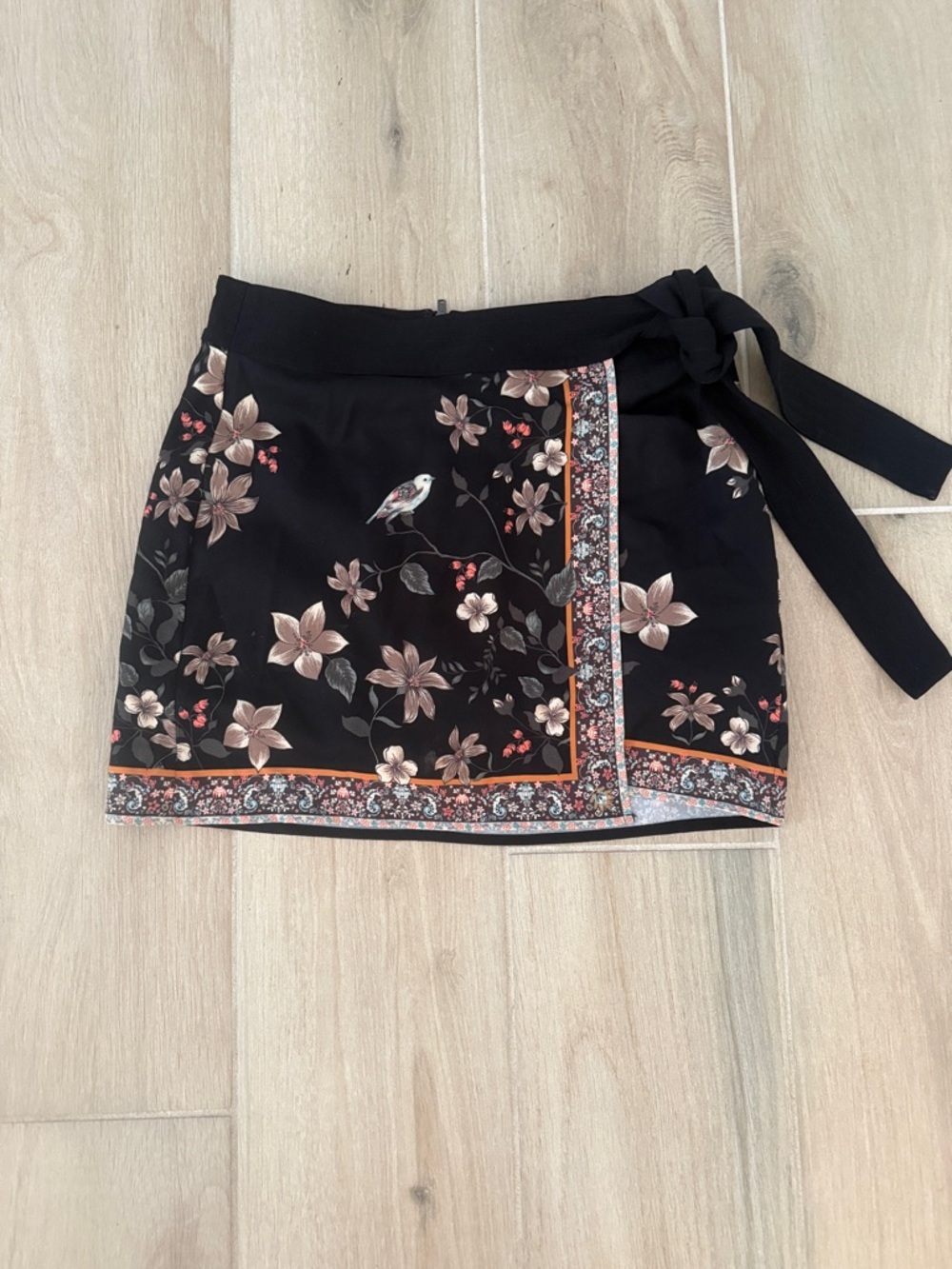 Gianni Bini Black Floral Wrap Mini Skirt with Orange Trim